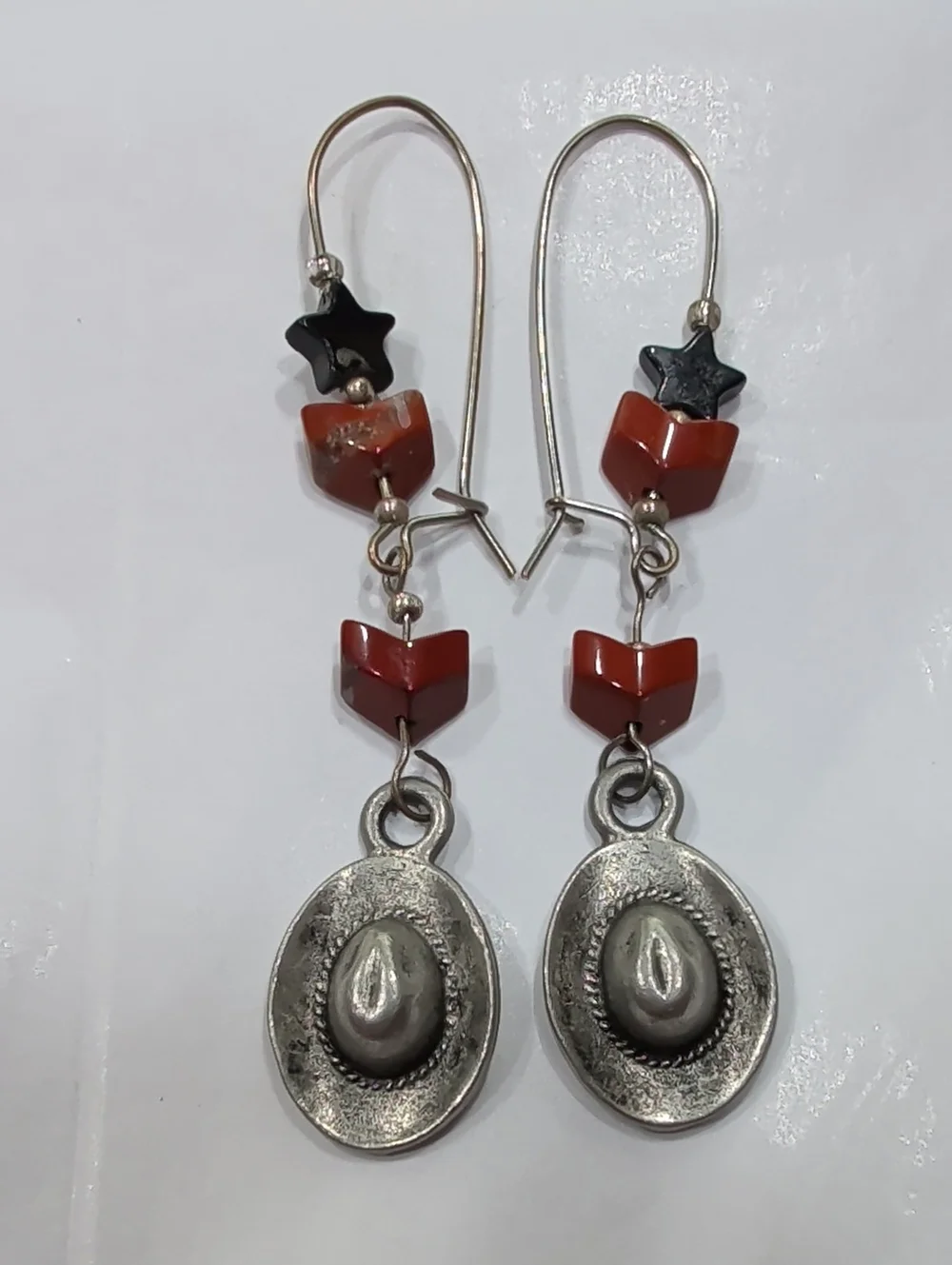 Red Bead Dangle Earrings with Silver-Tone Cowboy Hats
